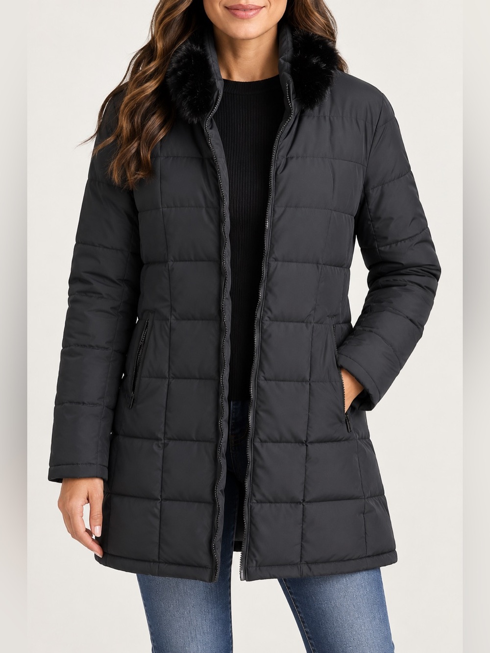 Dolce Mia Black Puffer Jacket M with Fur Trim like new coat